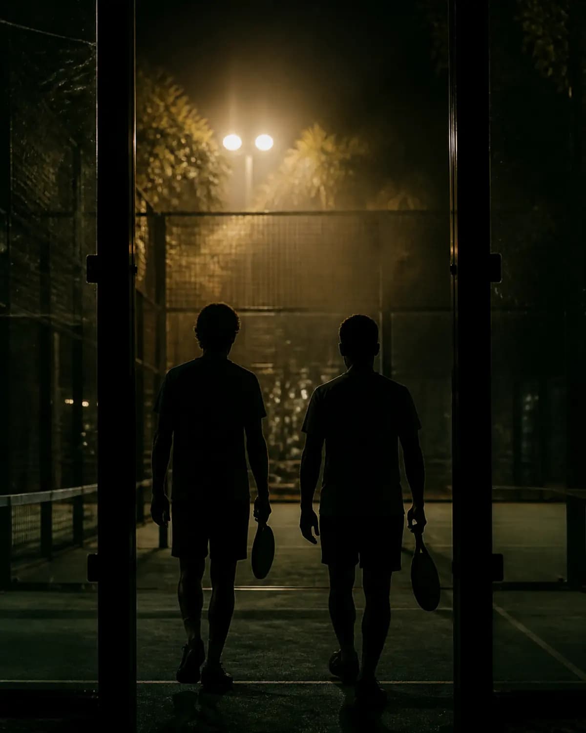 Two players leaving the court after a night session