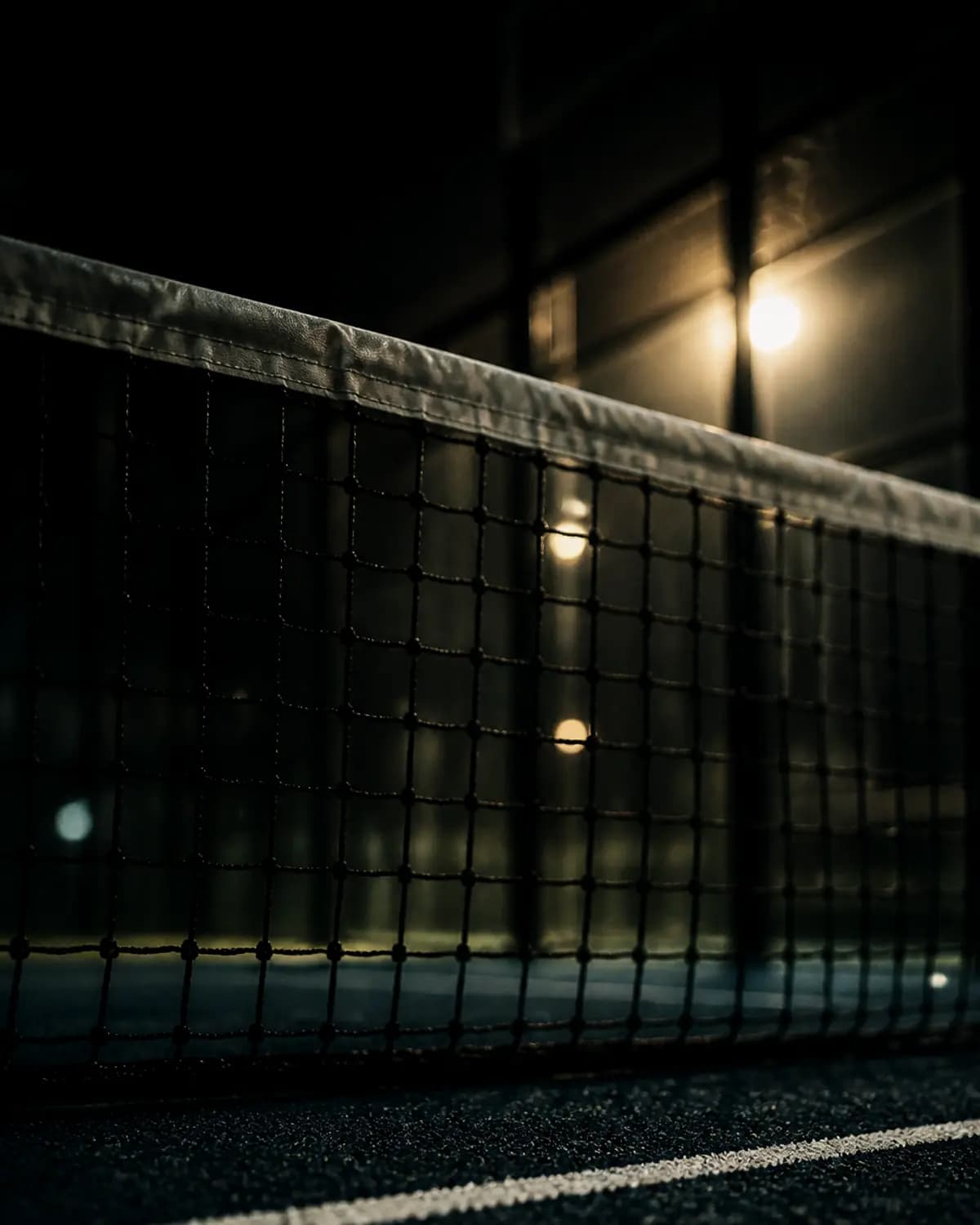 The padel net and turf, low against the glass wall