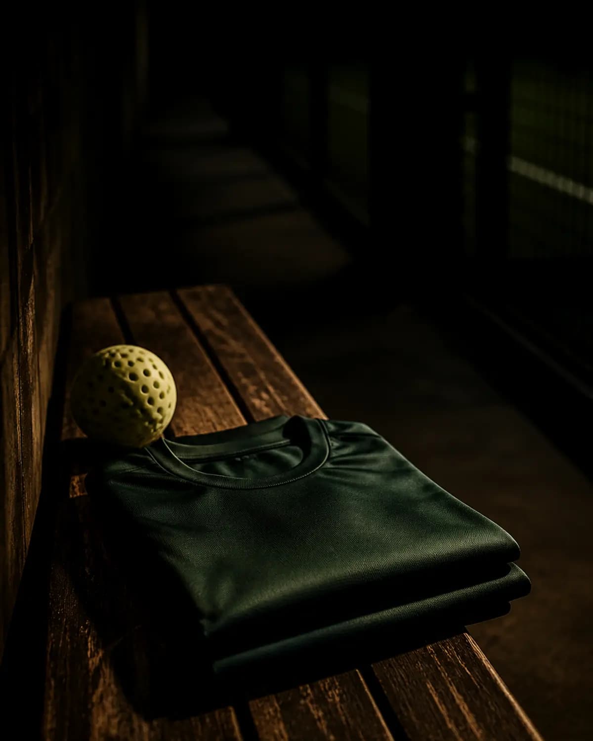 A folded academy shirt on a court-side bench