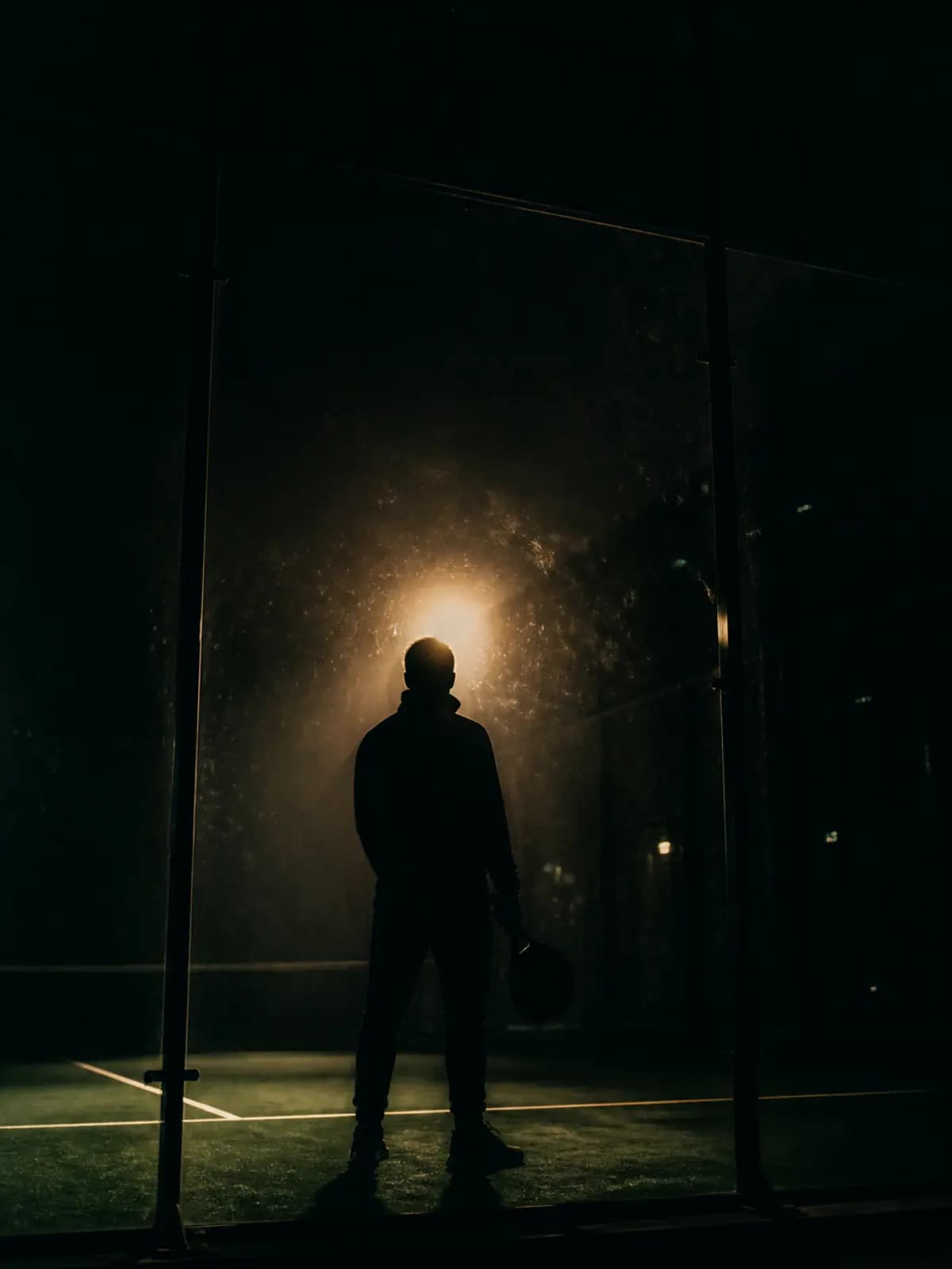 Night light through the glass of an indoor padel court