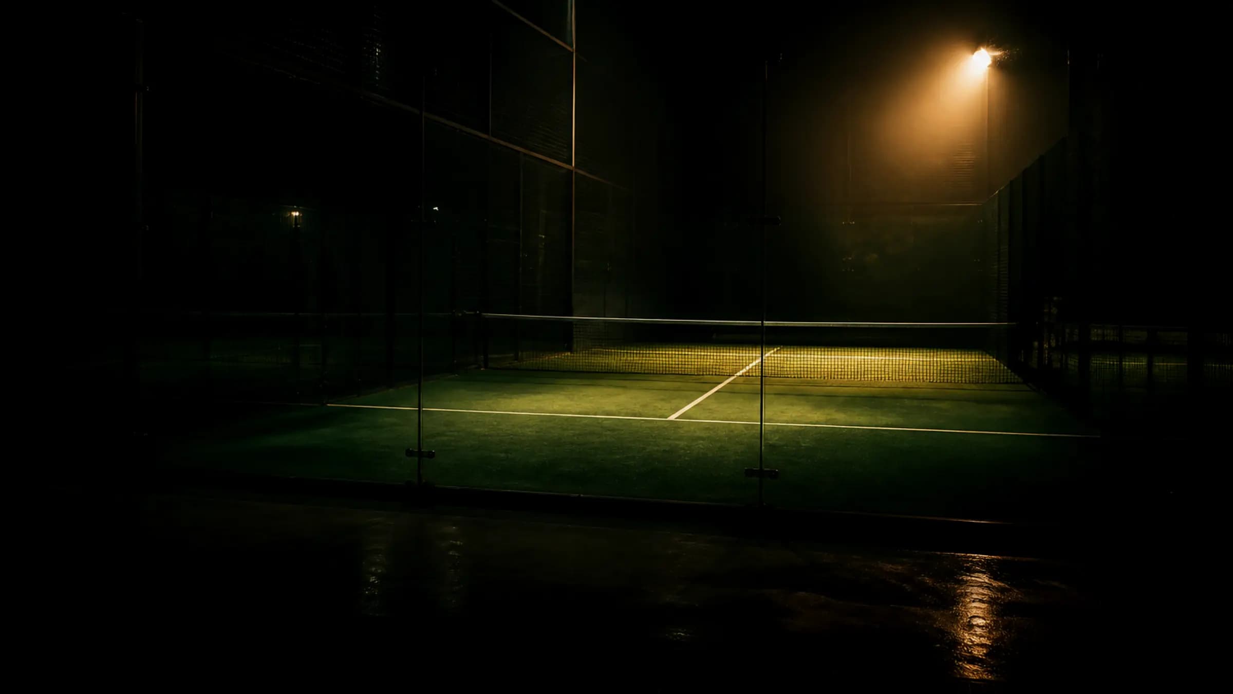 An indoor padel court at night, lit from above through the glass